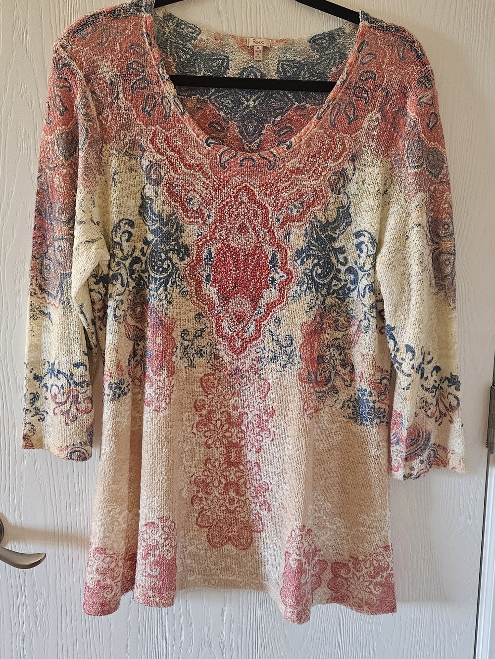 Reba Multicolor Knit Sweater with Coral and Blue  W/ Rhinestone Embellishments